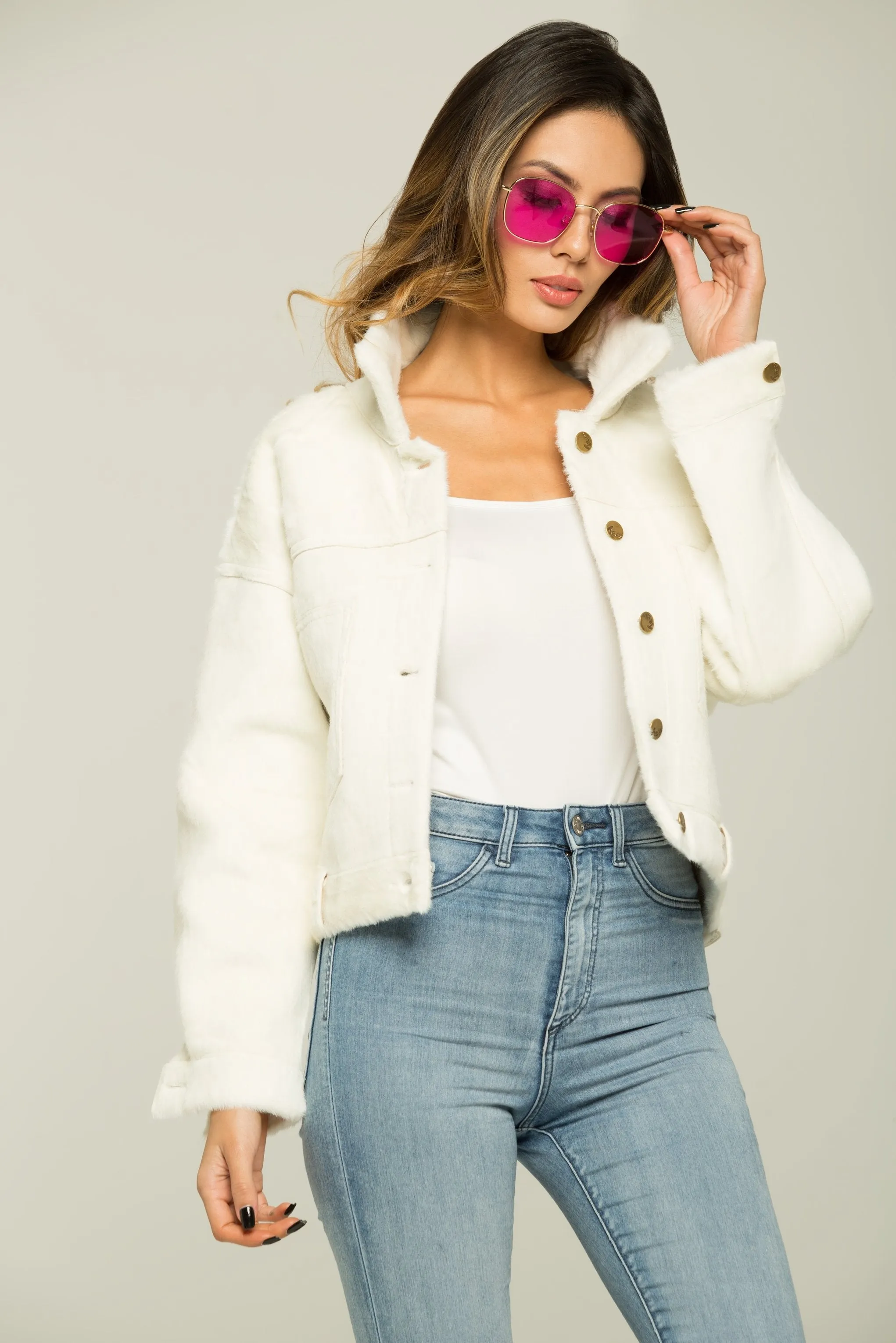 White Faux Fur Button-up Coat