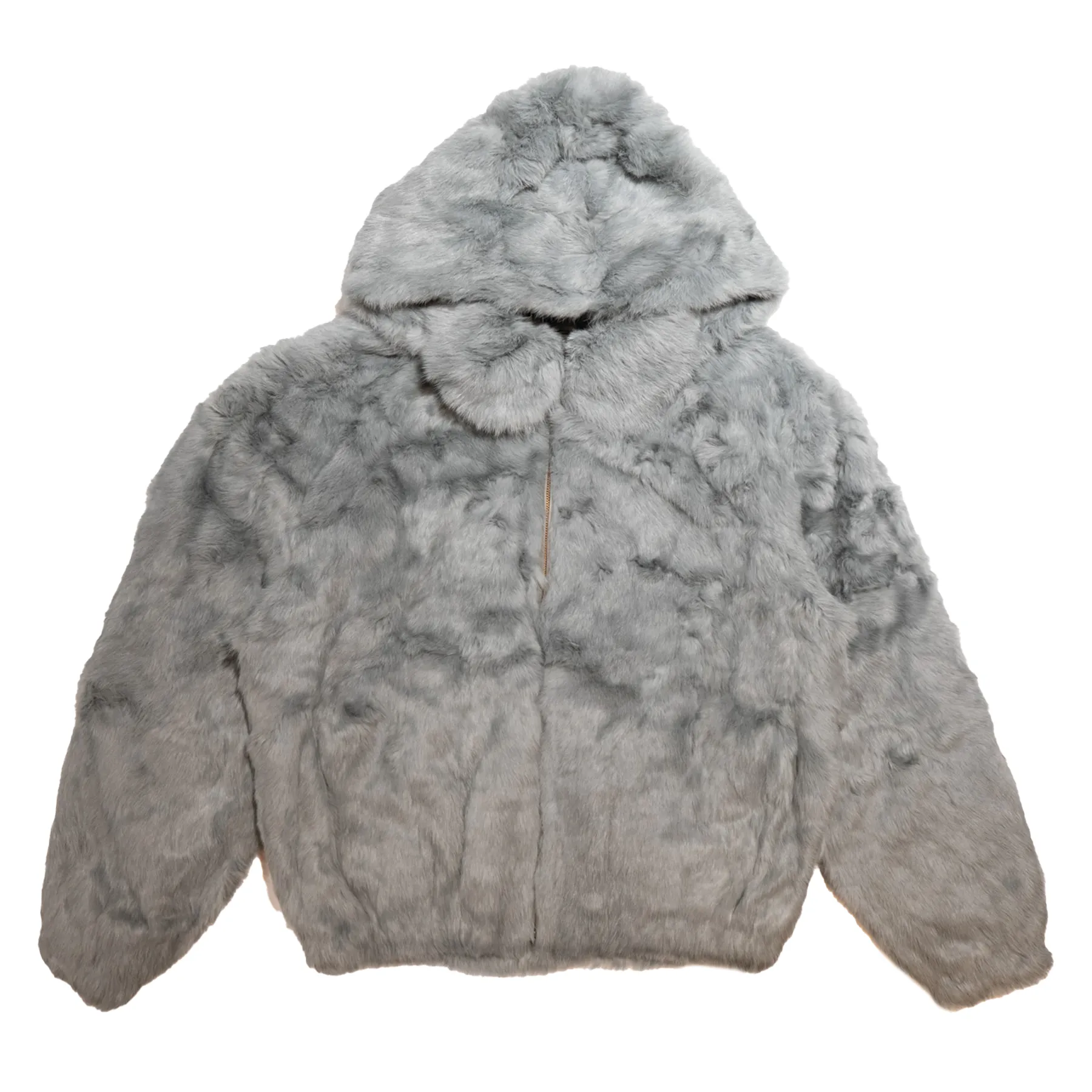 Winter Fur Men's Gray Rabbit Fur Hooded Bomber Jacket