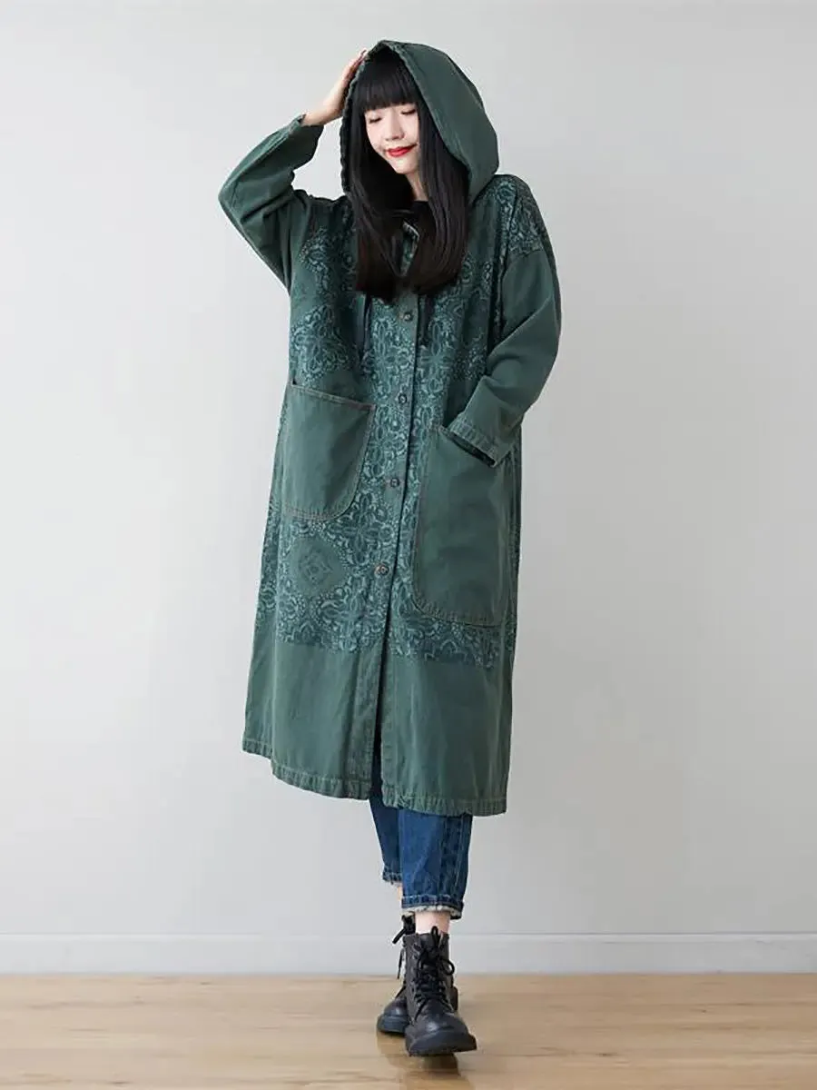 Women Spliced Long Denim Hooded Coat