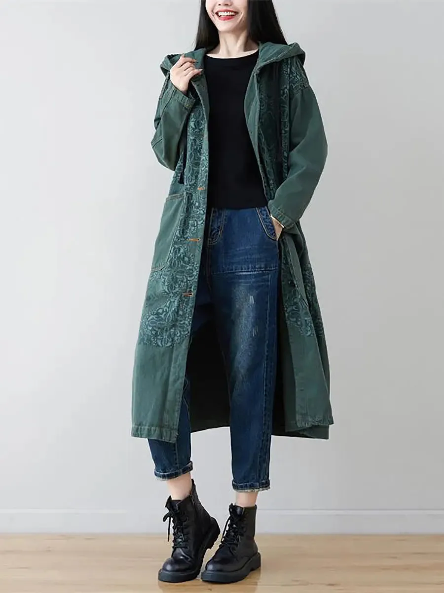 Women Spliced Long Denim Hooded Coat