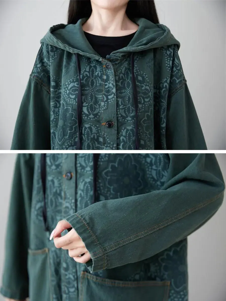 Women Spliced Long Denim Hooded Coat