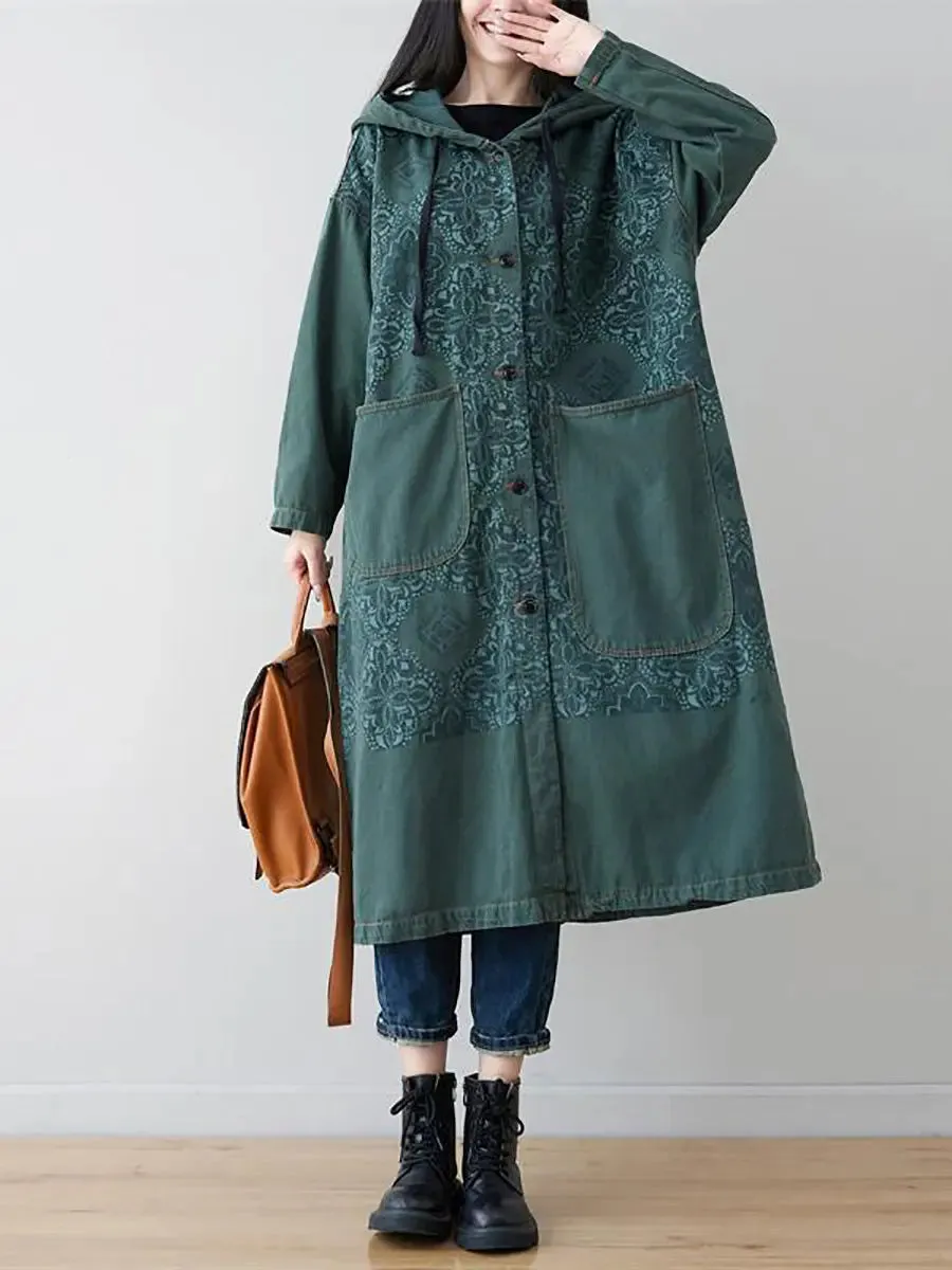 Women Spliced Long Denim Hooded Coat