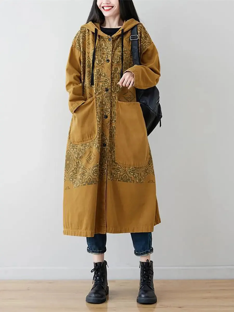 Women Spliced Long Denim Hooded Coat