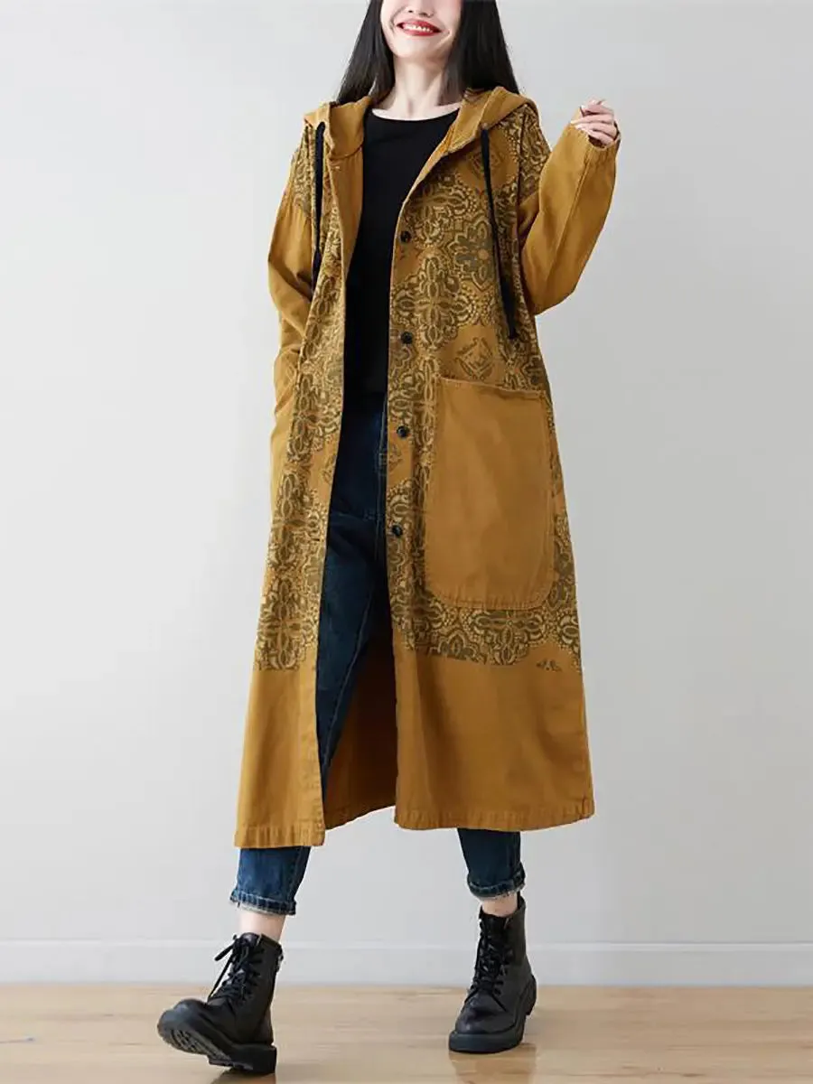 Women Spliced Long Denim Hooded Coat