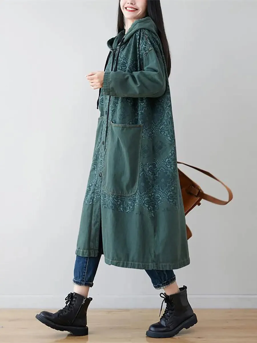 Women Spliced Long Denim Hooded Coat