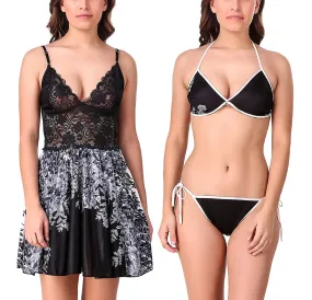 Xs and Os Women Floral Satin Babydoll Nightwear with Lacework (Bra Panty Set Included)