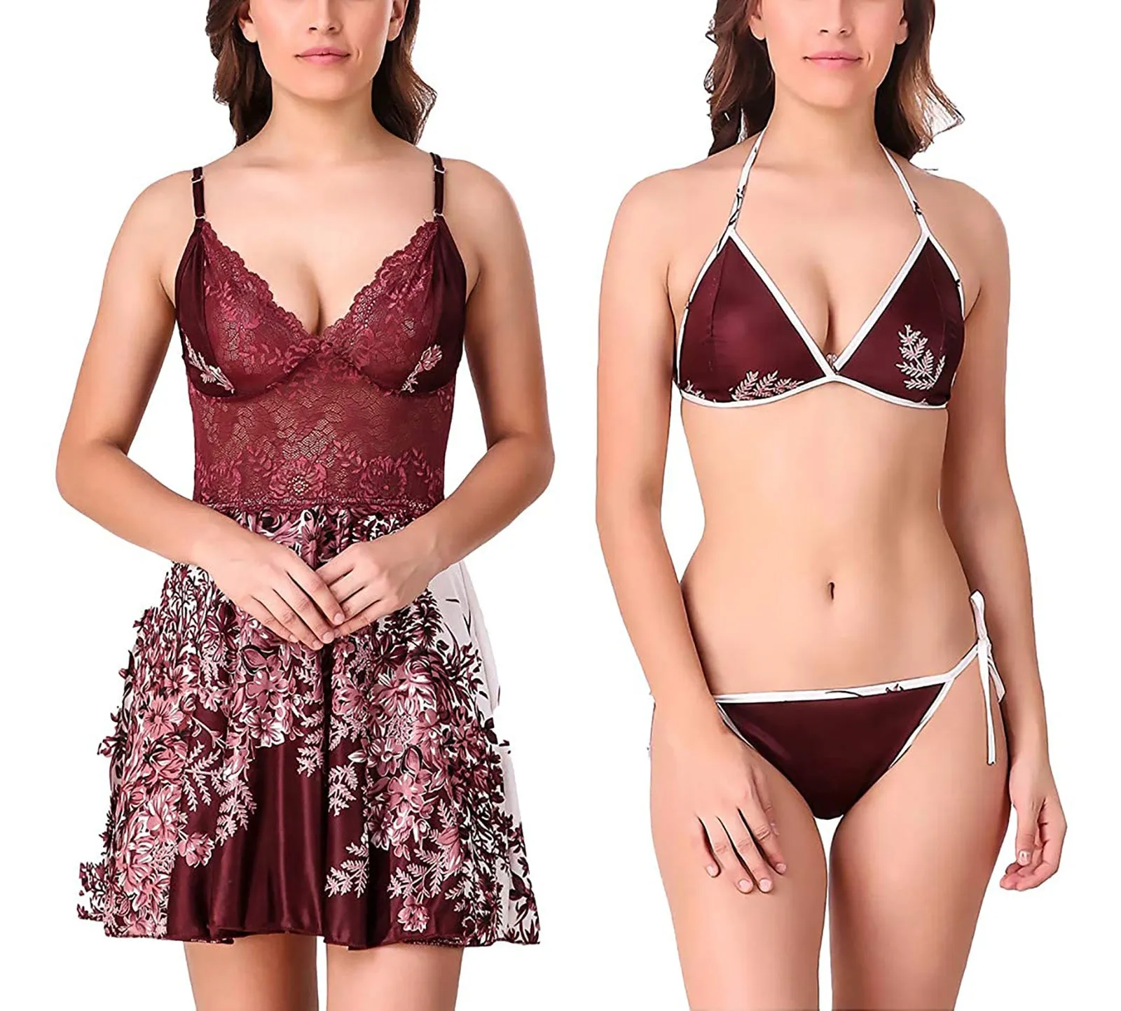 Xs and Os Women Floral Satin Babydoll Nightwear with Lacework (Bra Panty Set Included)