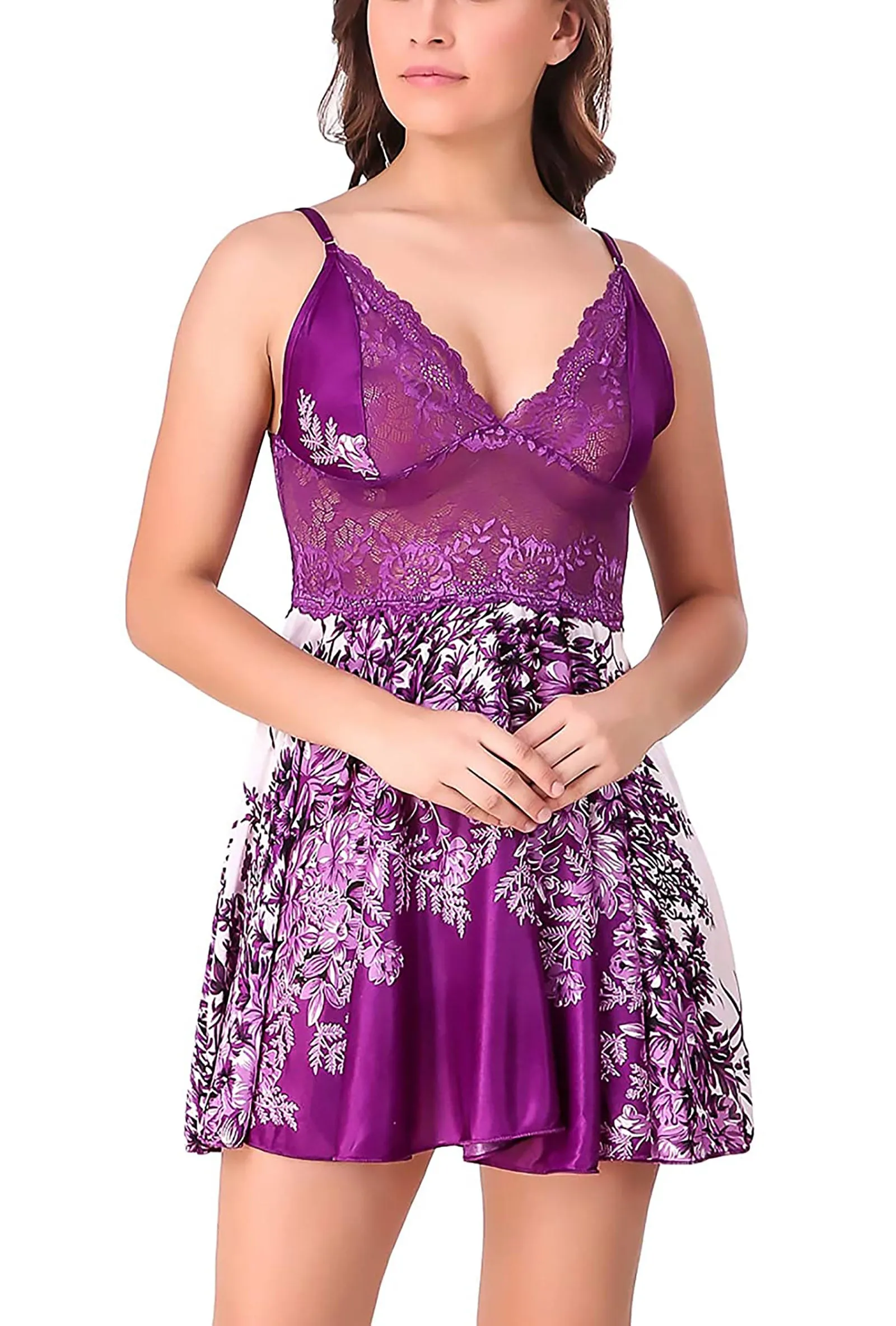 Xs and Os Women Floral Satin Babydoll Nightwear with Lacework (Bra Panty Set Included)