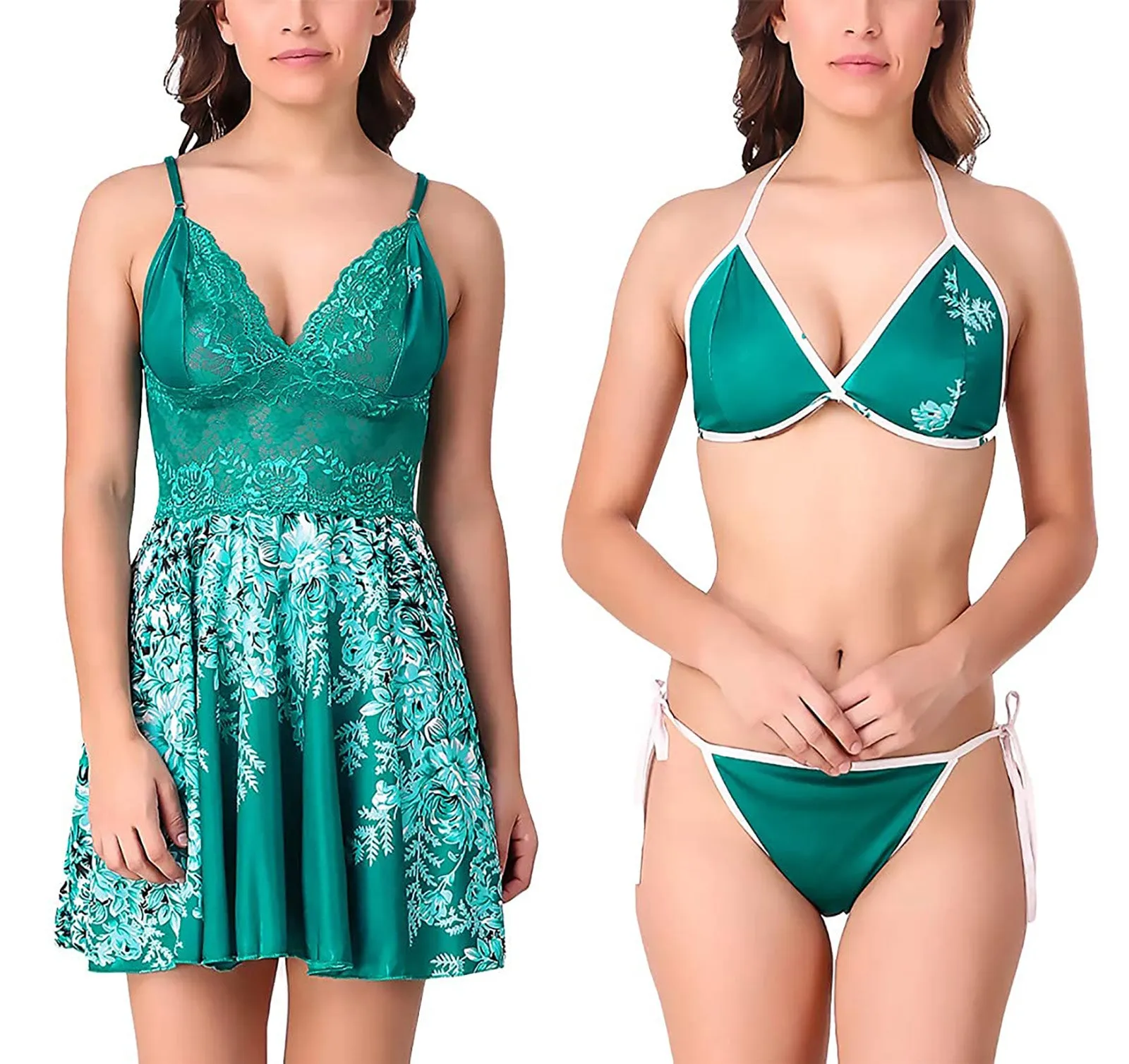 Xs and Os Women Floral Satin Babydoll Nightwear with Lacework (Bra Panty Set Included)