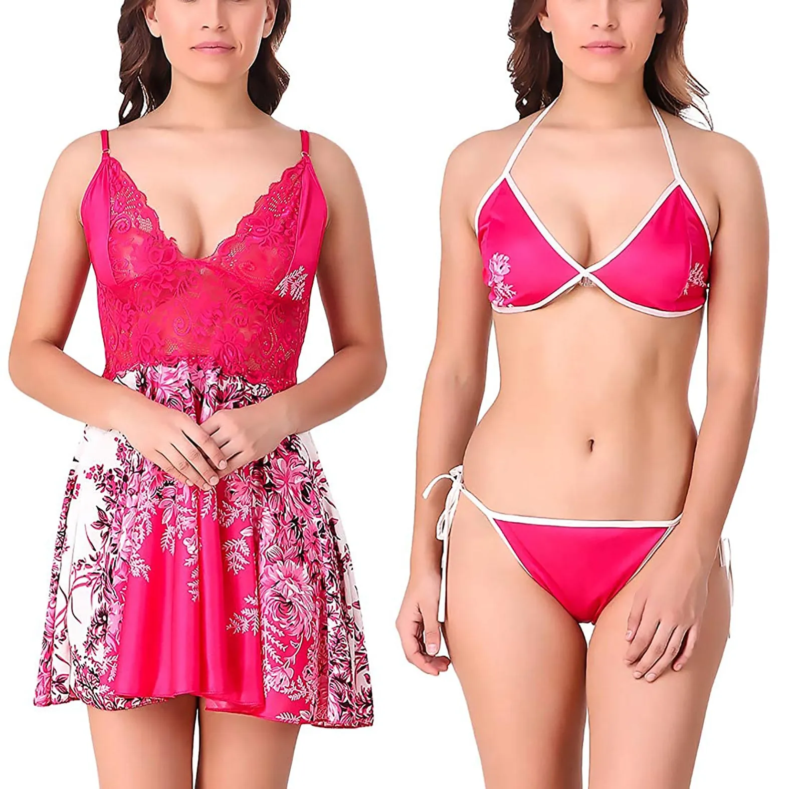 Xs and Os Women Floral Satin Babydoll Nightwear with Lacework (Bra Panty Set Included)