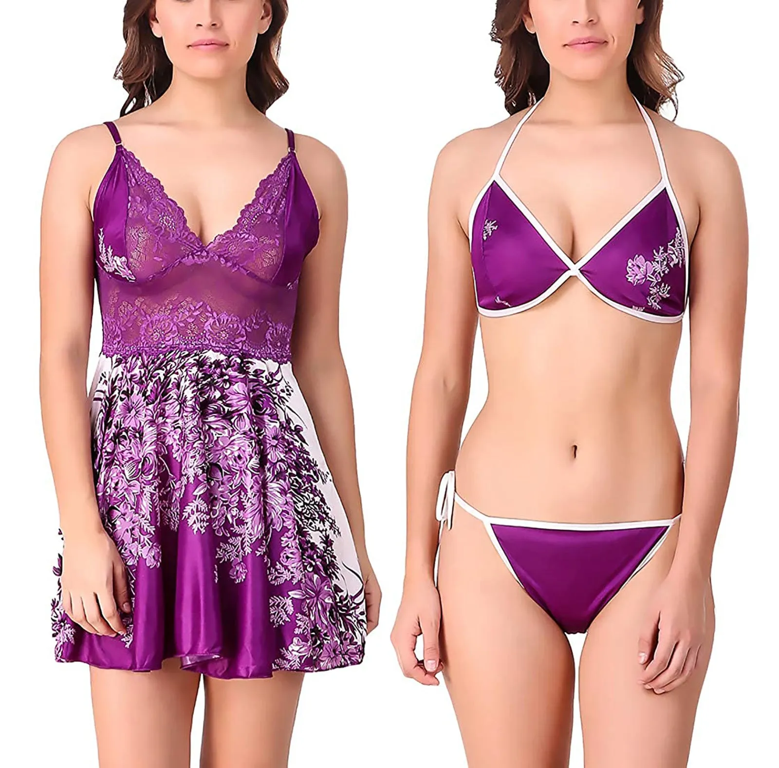 Xs and Os Women Floral Satin Babydoll Nightwear with Lacework (Bra Panty Set Included)