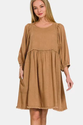 Zenana Washed Linen Pleated Puff Sleeve Babydoll Dress in Camel