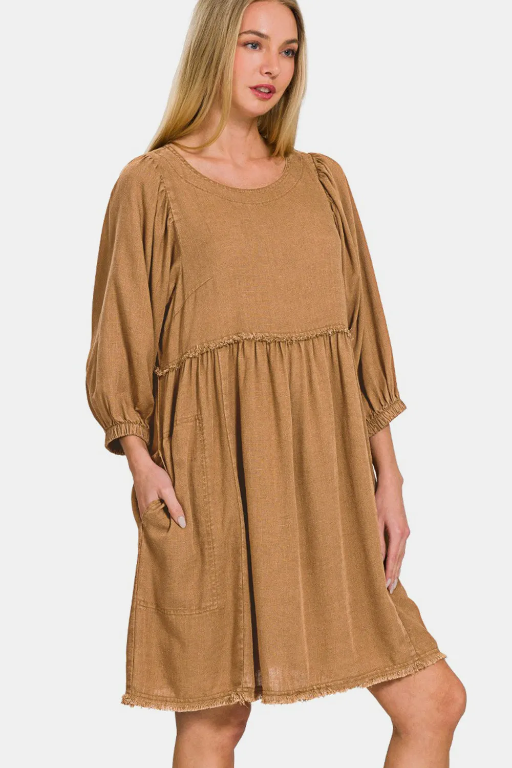 Zenana Washed Linen Pleated Puff Sleeve Babydoll Dress in Camel