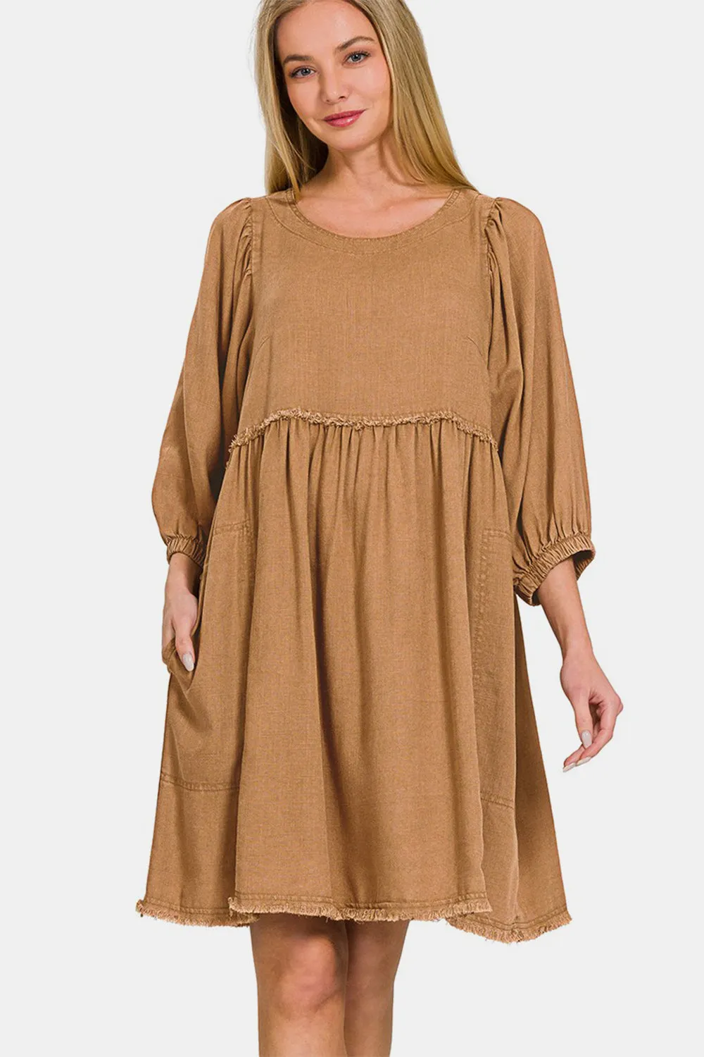 Zenana Washed Linen Pleated Puff Sleeve Babydoll Dress in Camel